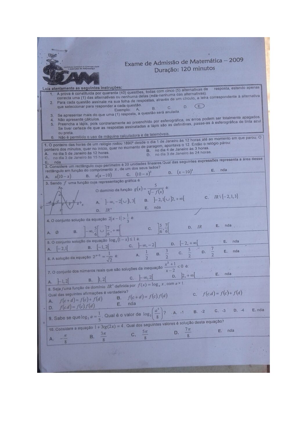 Matemática – 2009 do ISCAM (Enunciado e Resolução do Exame de Admissão em PDF)