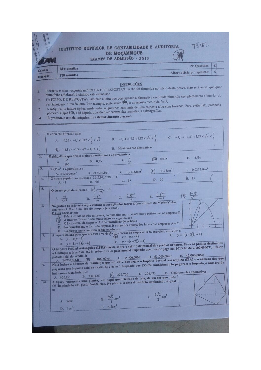 Matemática – 2013 do ISCAM (Enunciado e Resolução do Exame de Admissão em PDF)