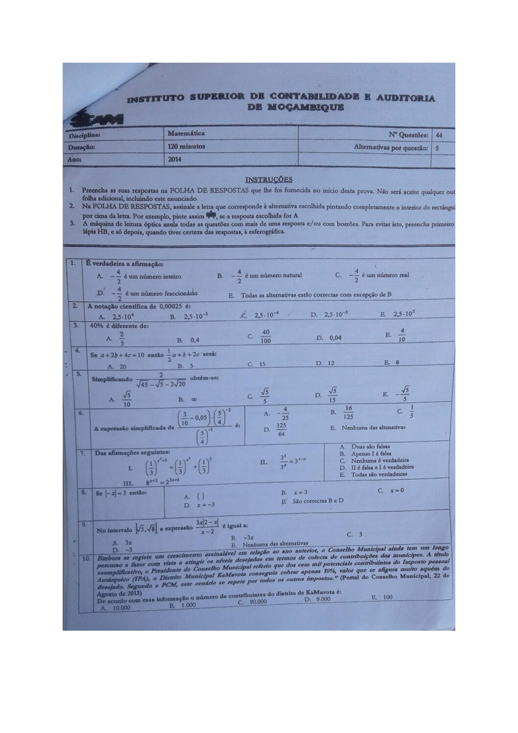Matemática – 2014 do ISCAM (Enunciado e Resolução do Exame de Admissão em PDF)