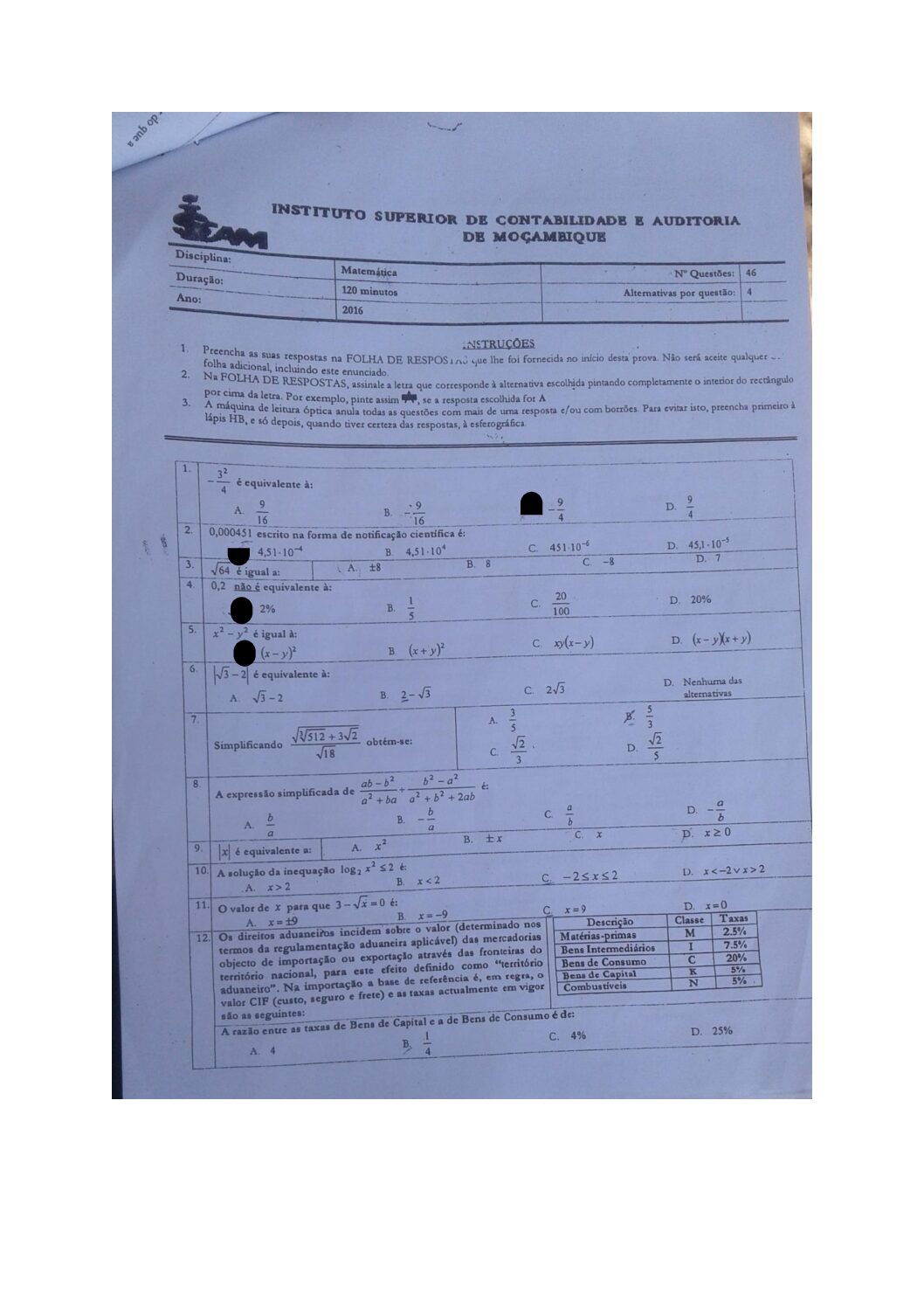 Matemática – 2016 do ISCAM (Enunciado e Resolução do Exame de Admissão em PDF)