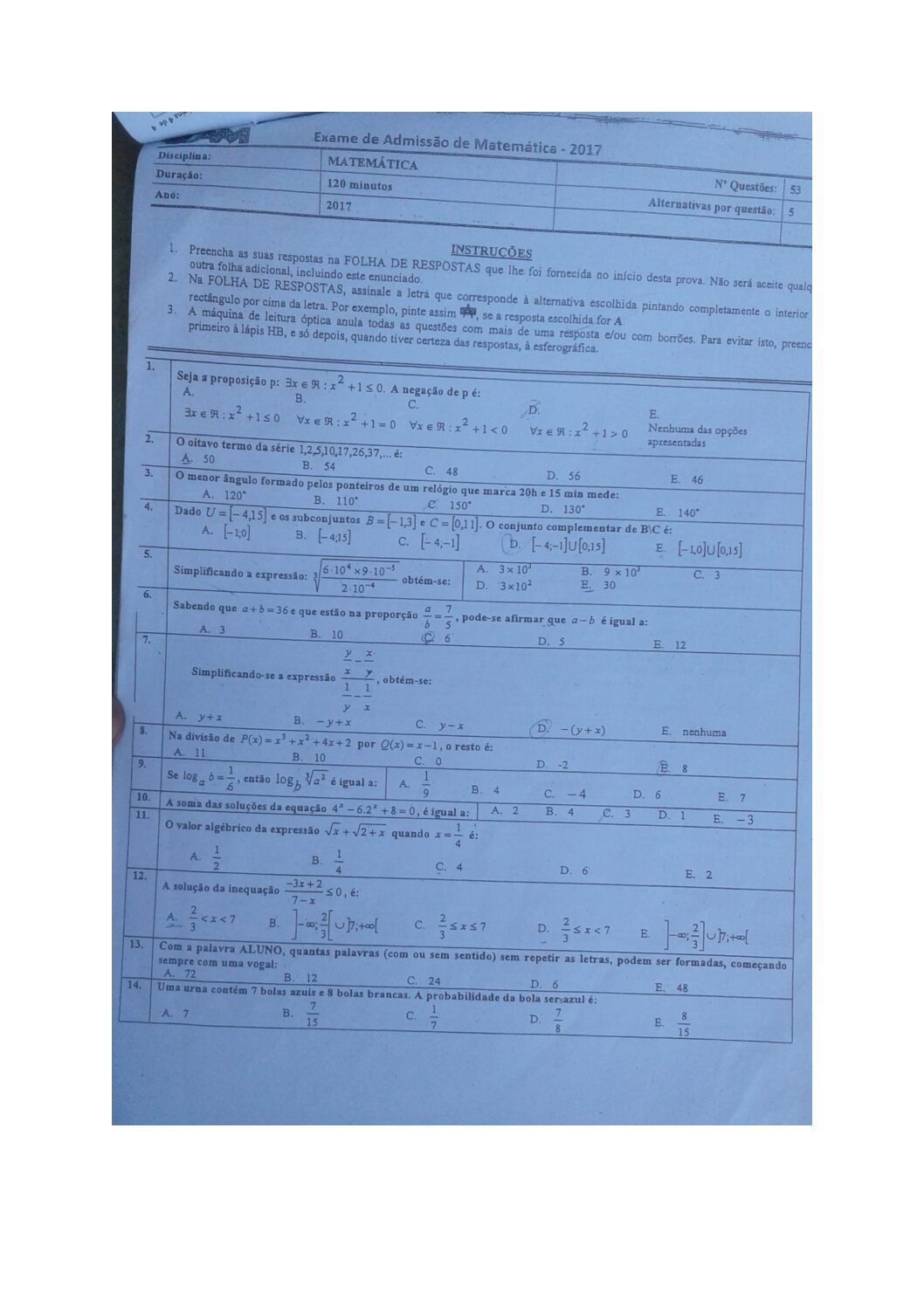 Matemática – 2017 do ISCAM (Enunciado e Resolução do Exame de Admissão em PDF)