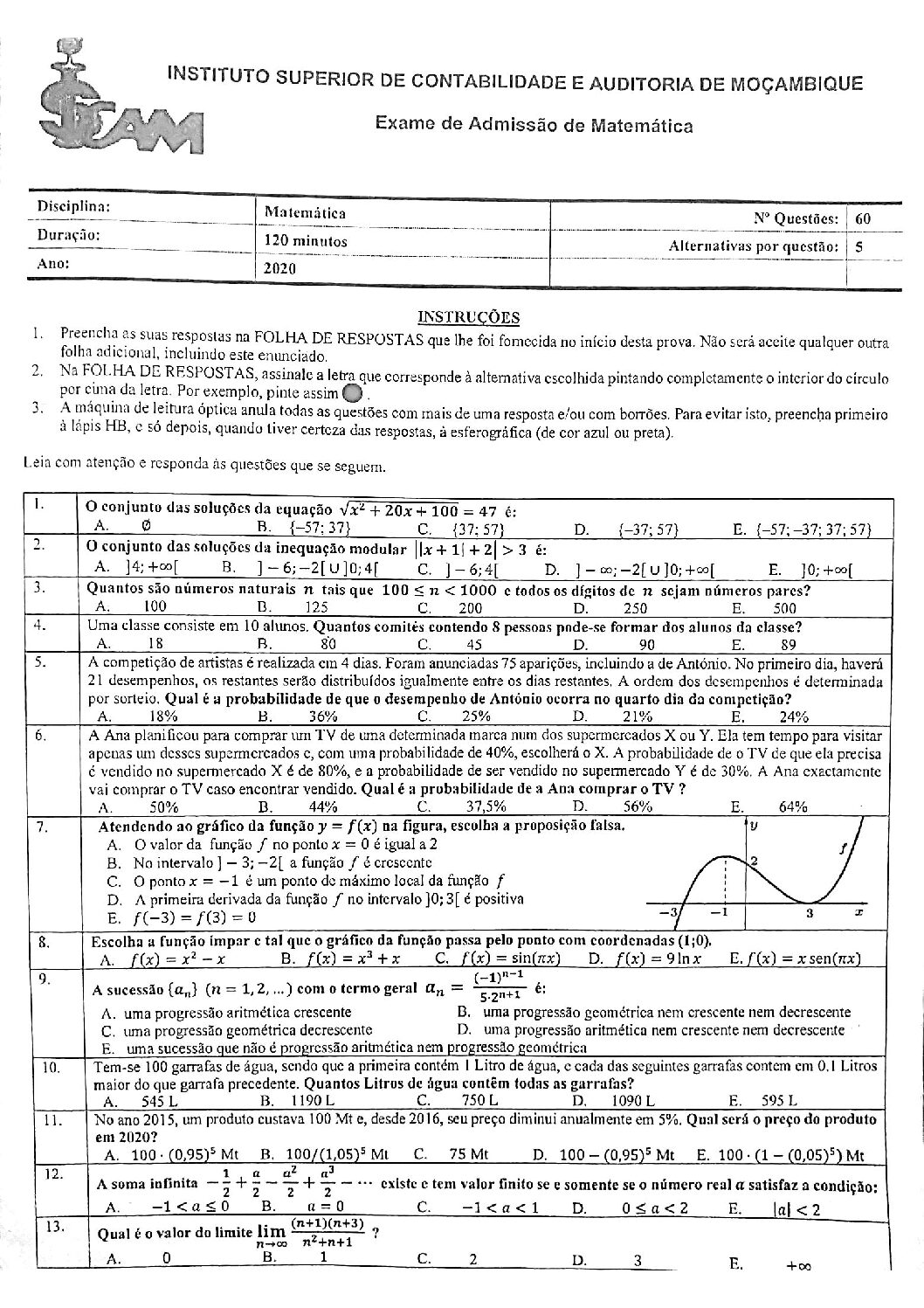 Matemática – 2020 do ISCAM (Enunciado e Resolução do Exame de Admissão em PDF)