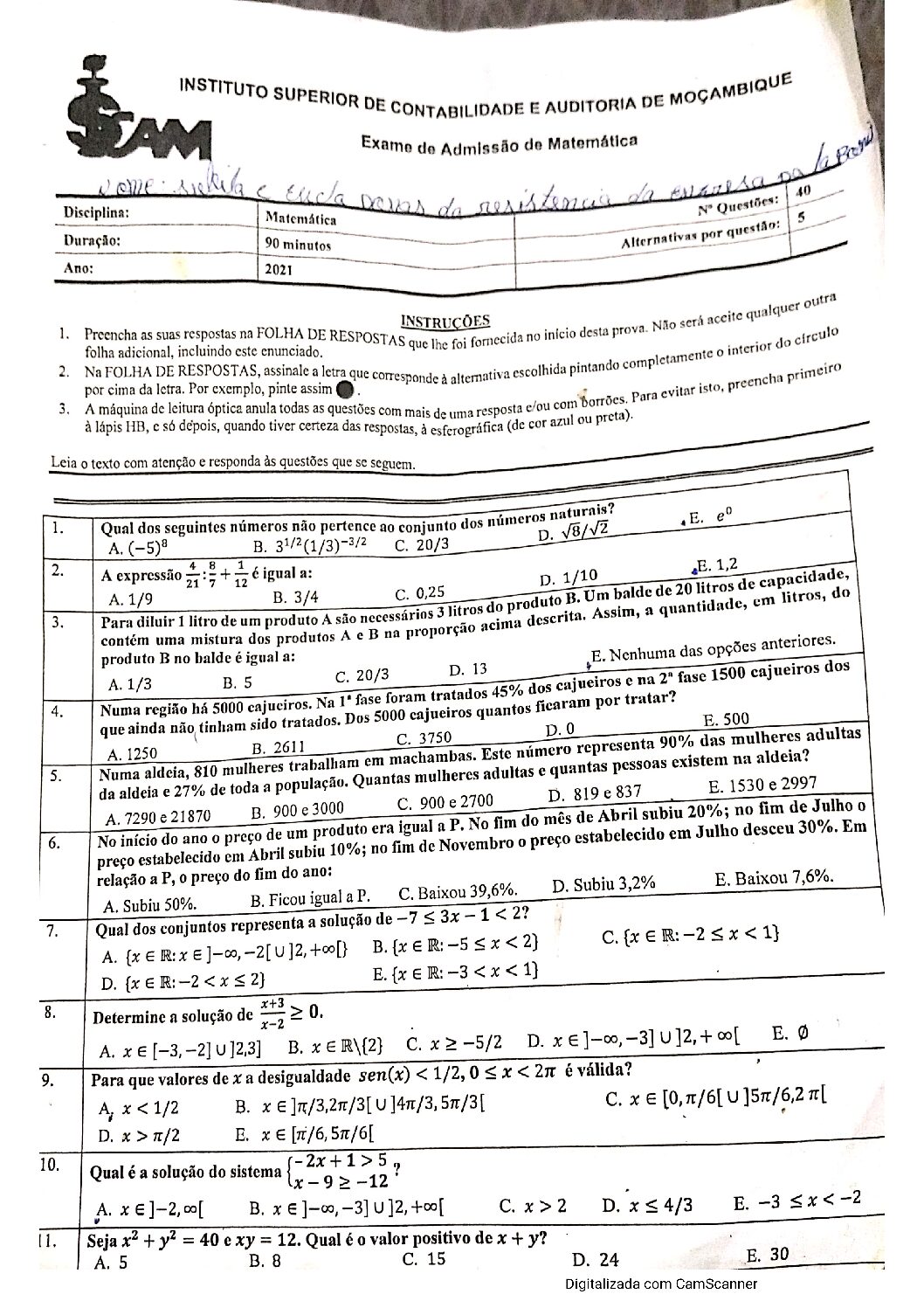Matemática – 2021 do ISCAM (Enunciado e Resolução do Exame de Admissão em PDF)