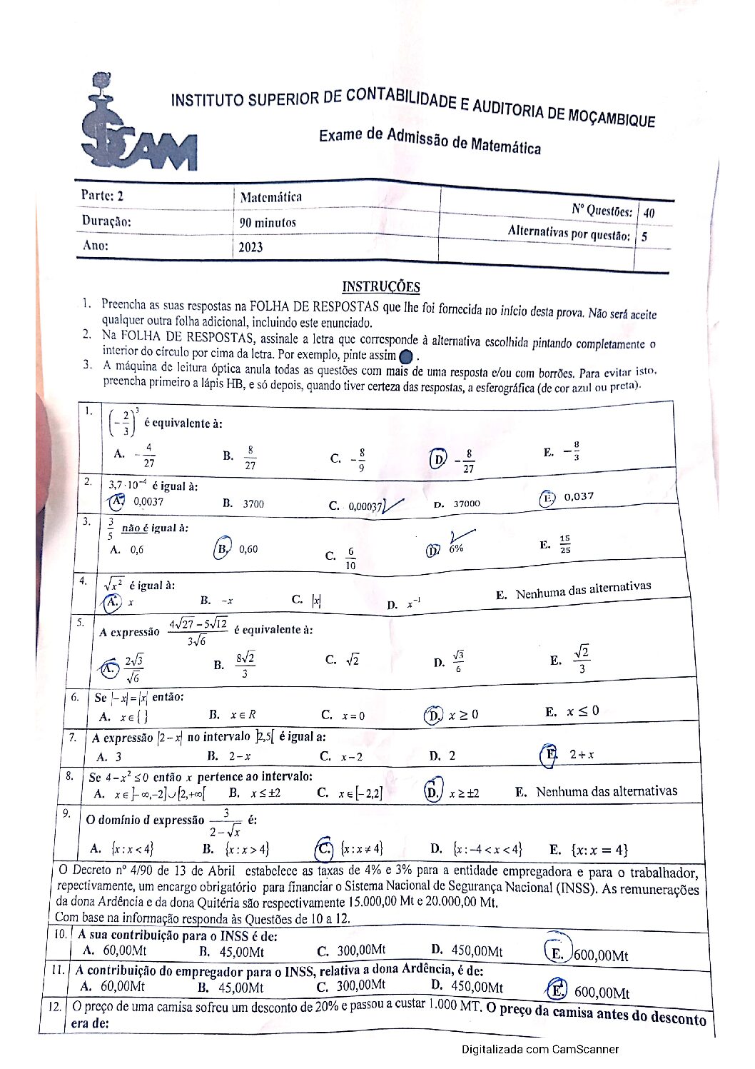 Matemática – 2023 do ISCAM (Enunciado e Resolução do Exame de Admissão em PDF)