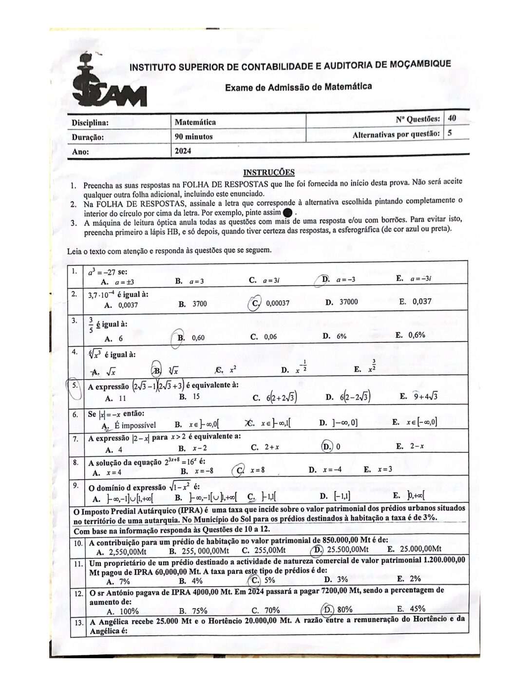 Matemática – 2024 do ISCAM (Enunciado e Resolução do Exame de Admissão em PDF)