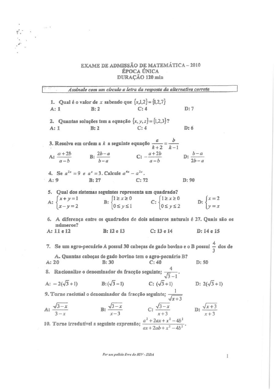 Matemática – 2010 da ACIPOL (Enunciado e Resolução do Exame de Admissão em PDF)