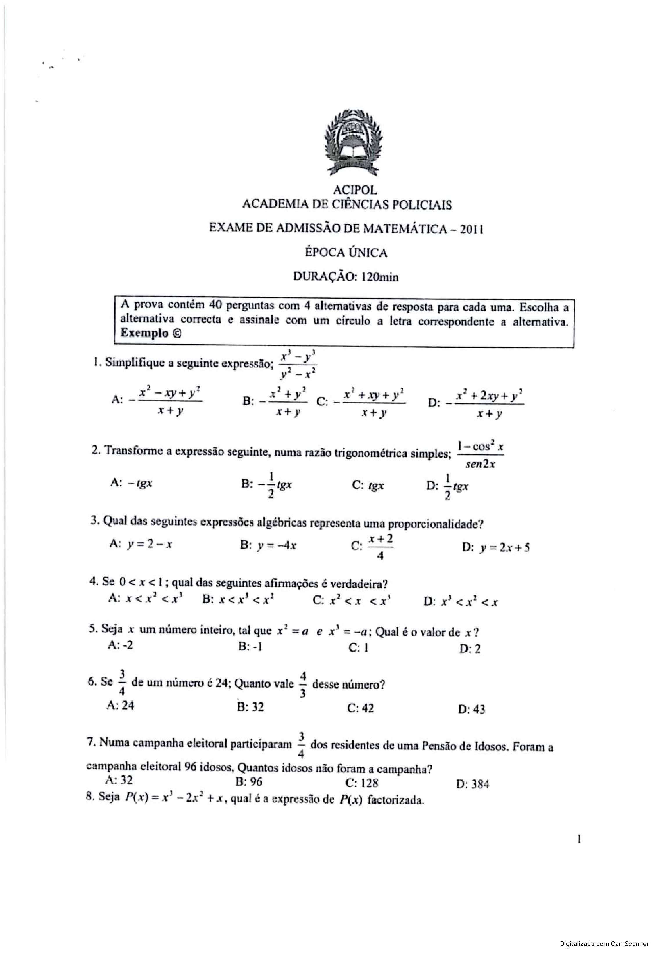Matemática – 2011 da ACIPOL (Enunciado e Resolução do Exame de Admissão em PDF)
