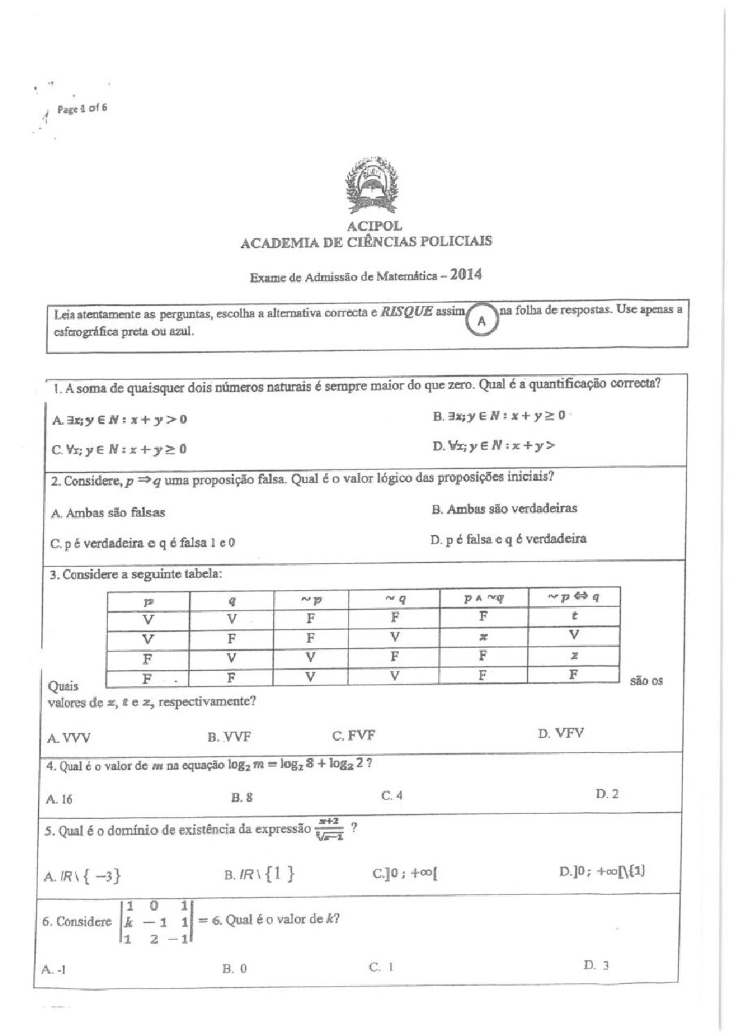 Matemática – 2014 da ACIPOL (Enunciado e Resolução do Exame de Admissão em PDF)