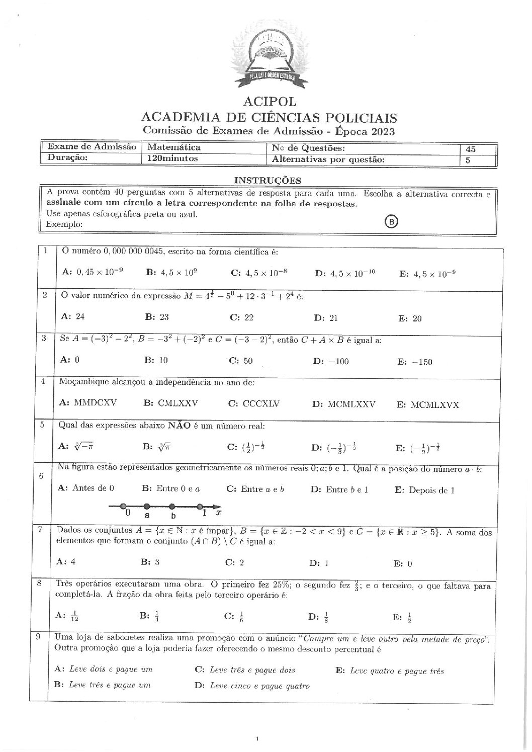 Matemática – 2023 da ACIPOL (Enunciado e Resolução do Exame de Admissão em PDF)