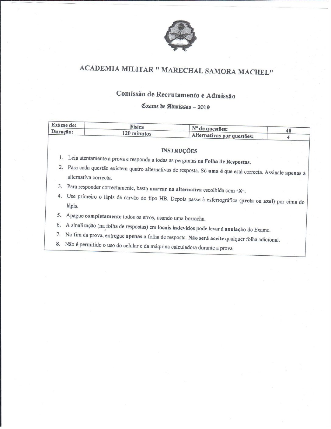 Física – 2019 da Academia Militar (Enunciado e Resolução do Exame de Admissão em PDF)