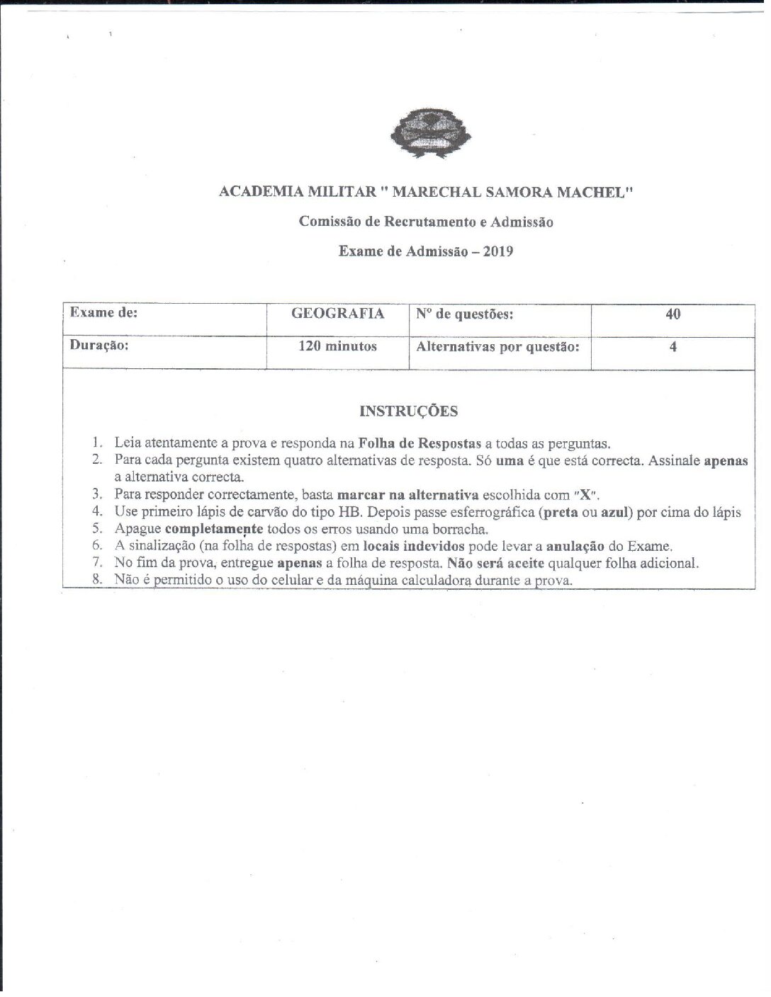 Geografia – 2019 da Academia Militar (Enunciado e Resolução do Exame de Admissão em PDF)