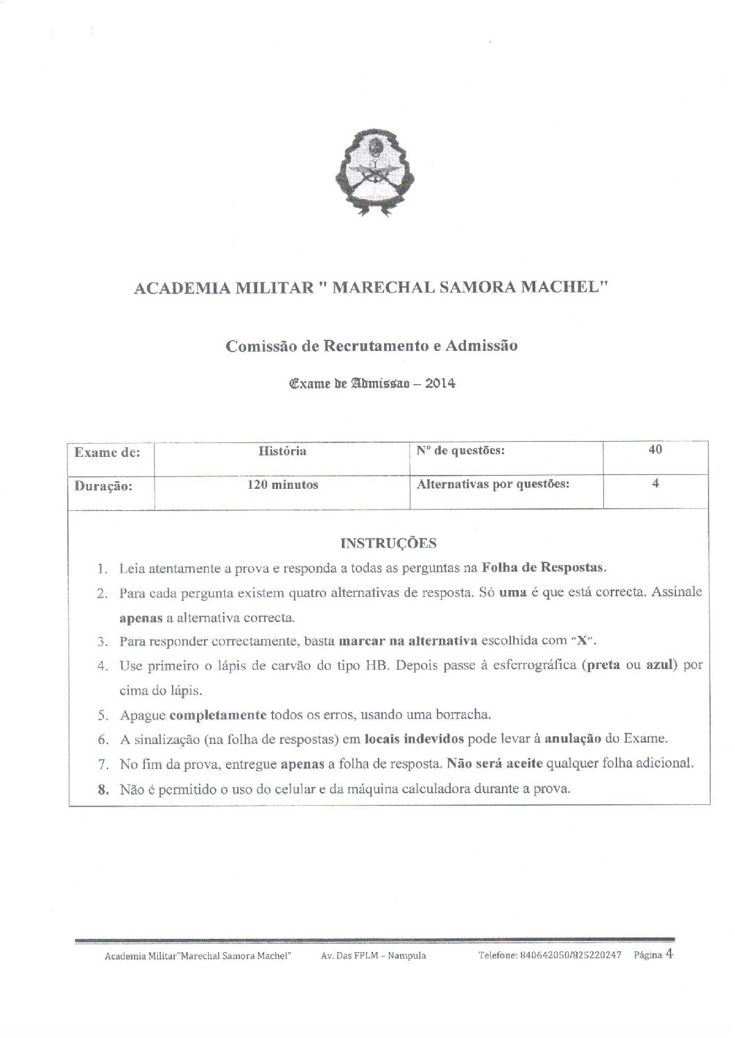 História – 2014 da Academia Militar (Enunciado e Resolução do Exame de Admissão em PDF)