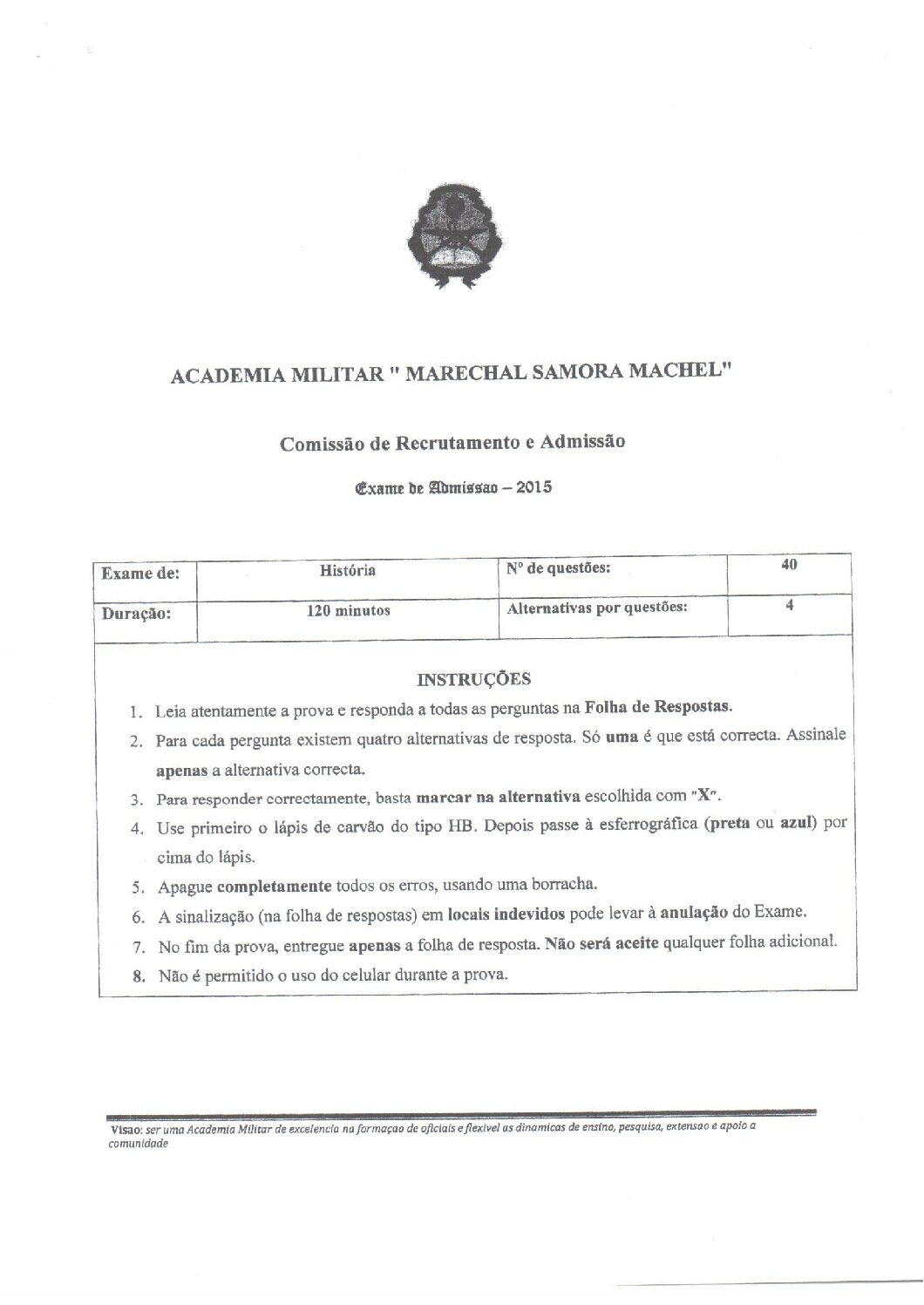 História – 2015 da Academia Militar (Enunciado e Resolução do Exame de Admissão em PDF)