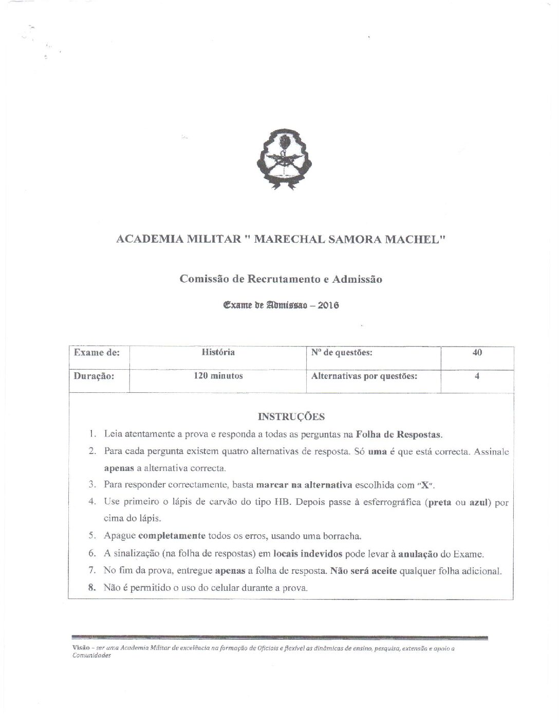 História – 2016 da Academia Militar (Enunciado e Resolução do Exame de Admissão em PDF)