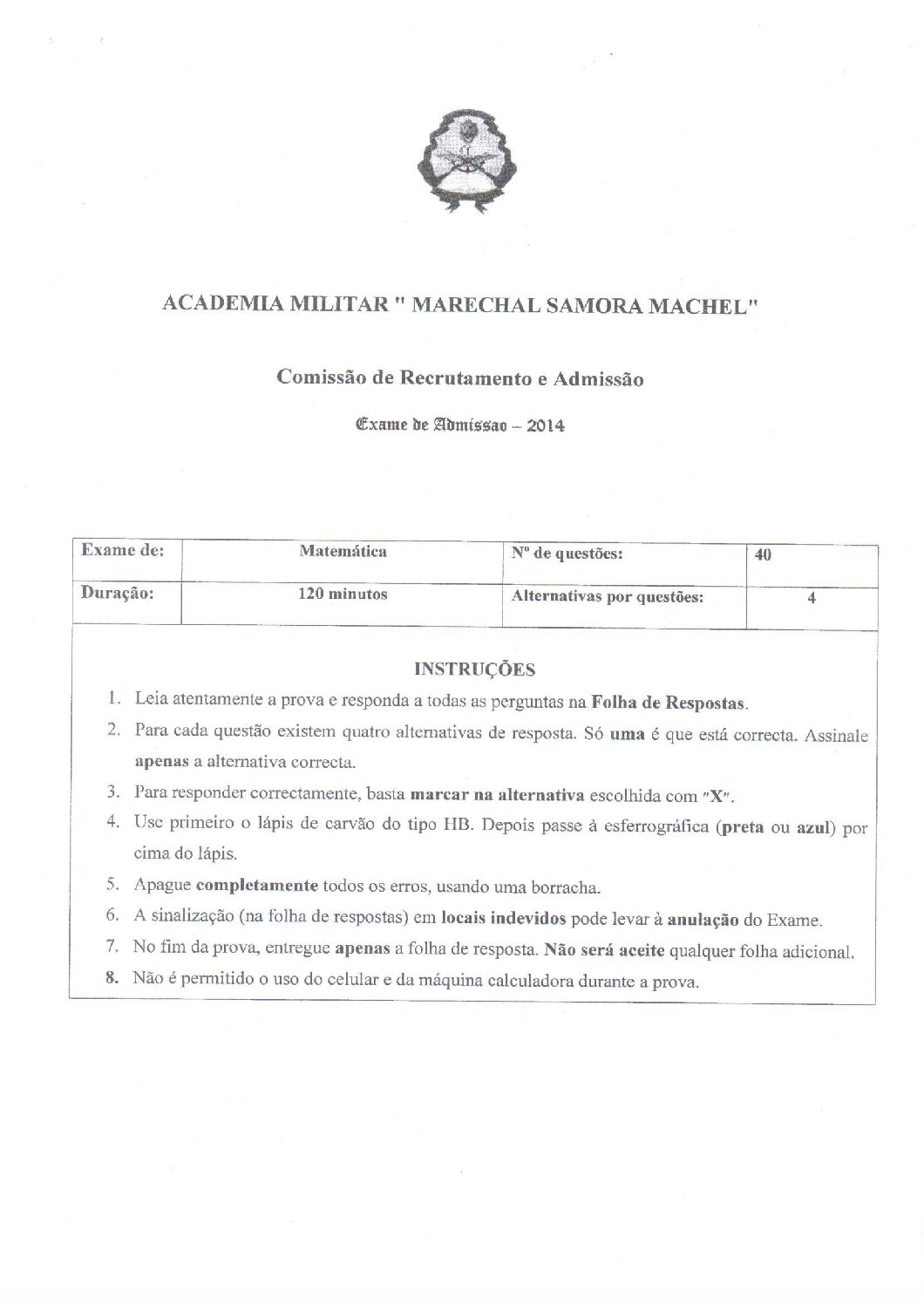 Matemática – 2014 da Academia Militar (Enunciado e Resolução do Exame de Admissão em PDF)
