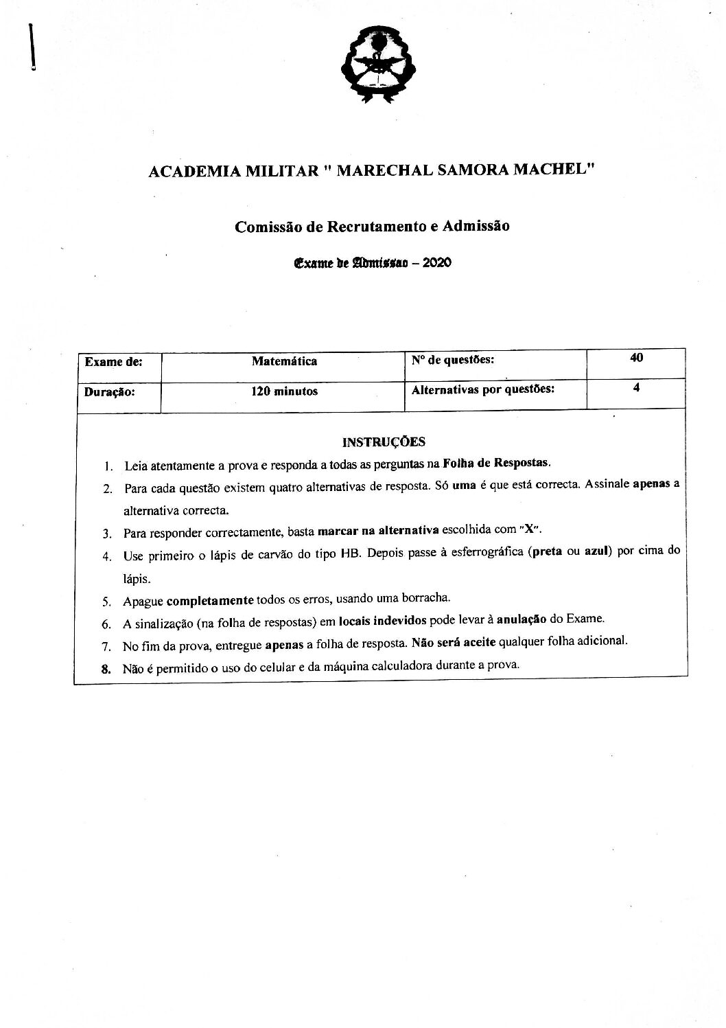 Matemática – 2020 da Academia Militar (Enunciado e Resolução do Exame de Admissão em PDF)
