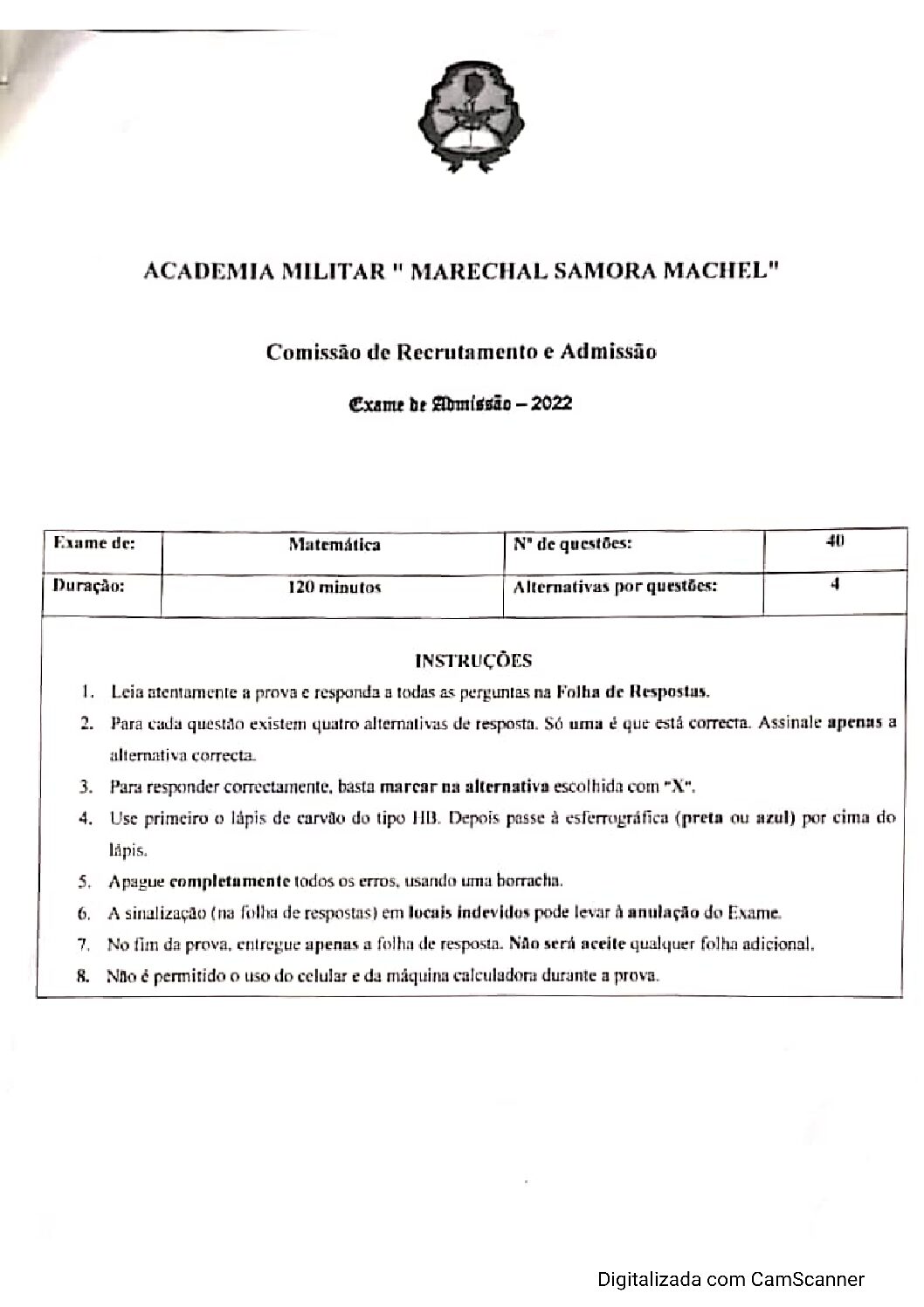 Matemática – 2022 da Academia Militar (Enunciado e Resolução do Exame de Admissão em PDF)