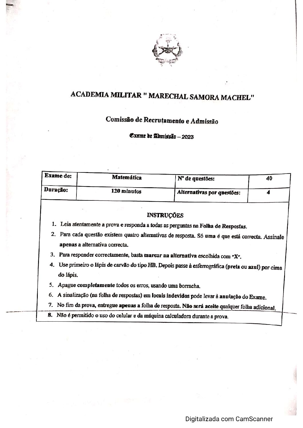 Matemática – 2023 da Academia Militar (Enunciado e Resolução do Exame de Admissão em PDF)