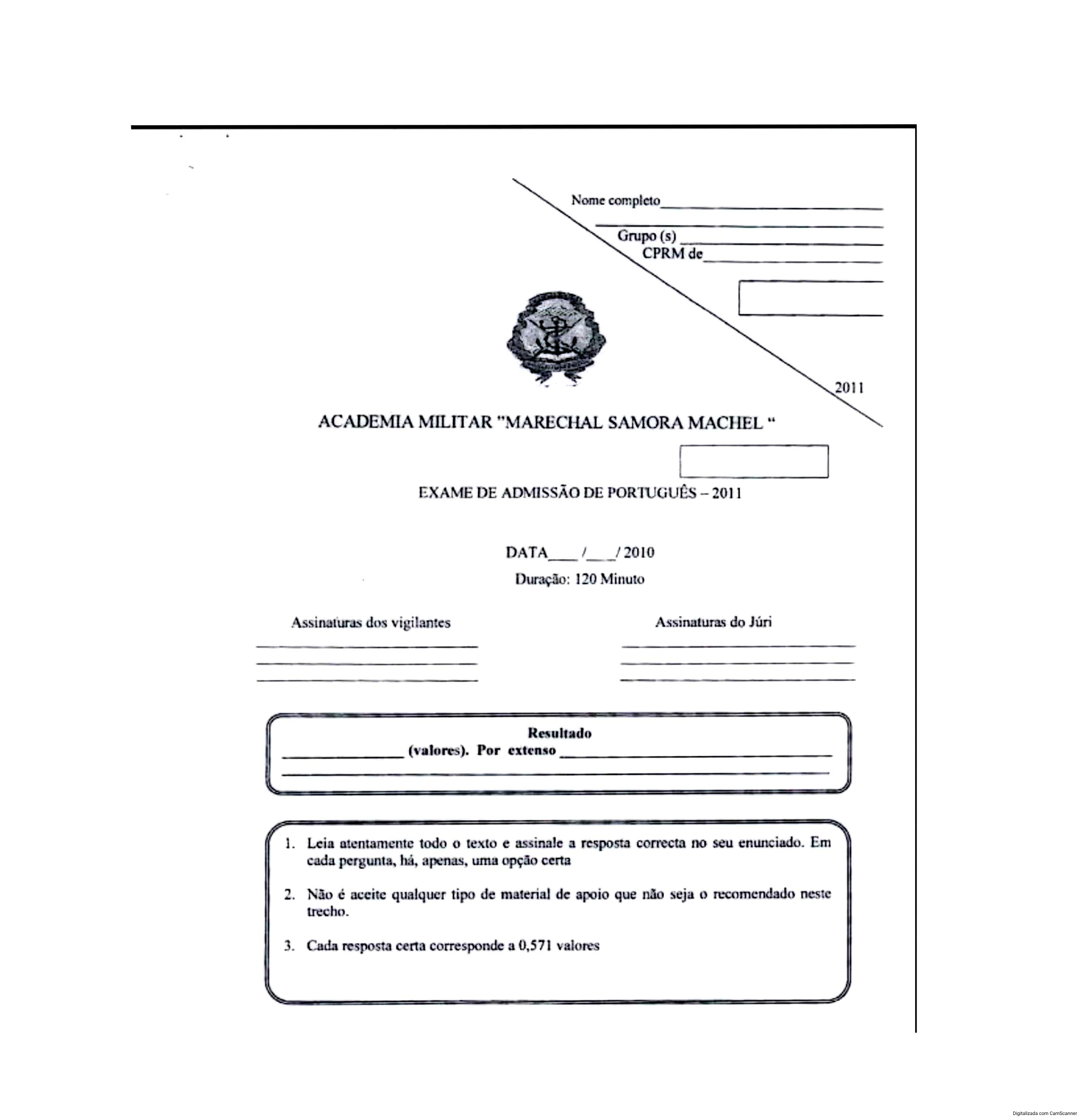 Português – 2011 da Academia Militar (Enunciado e Resolução do Exame de Admissão em PDF)