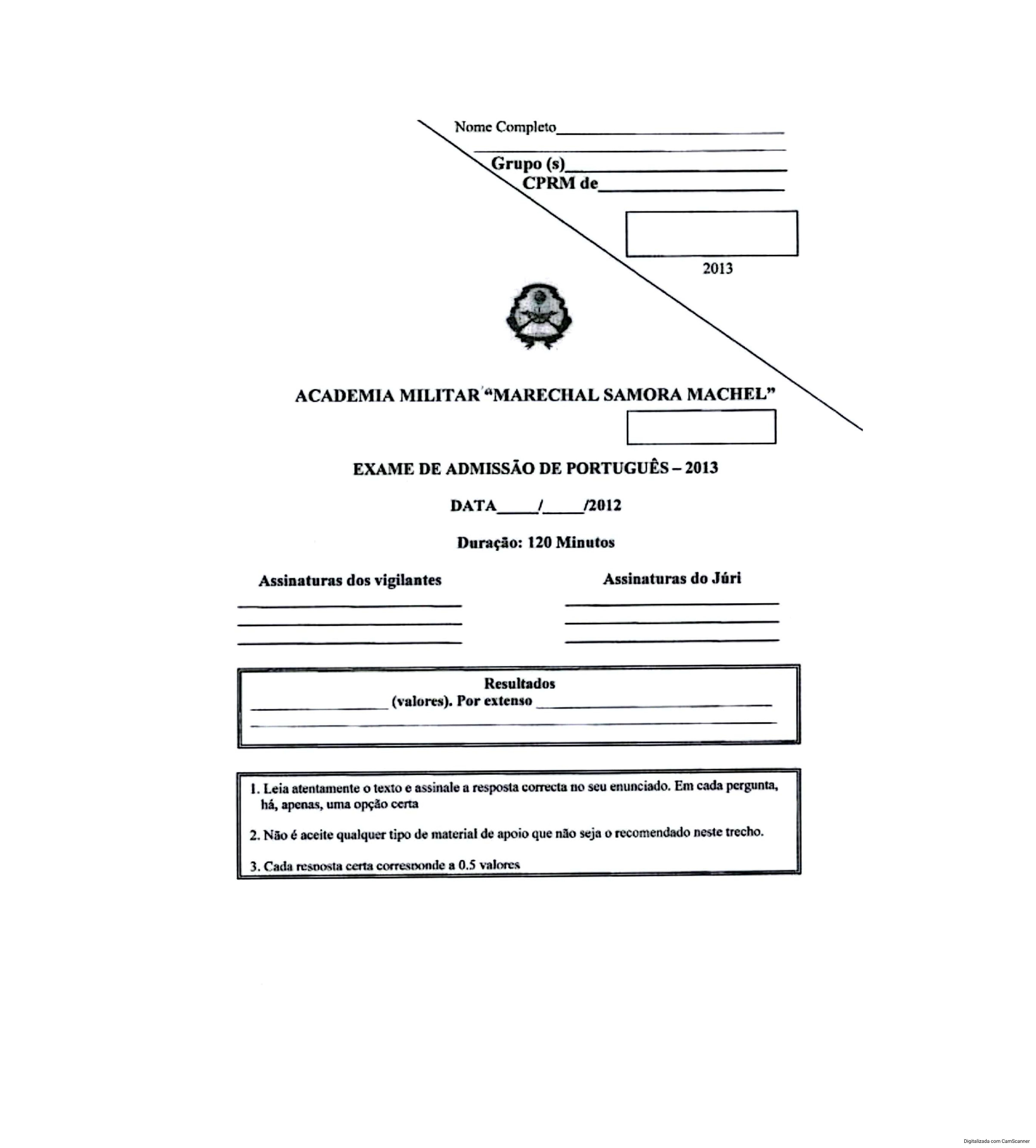 Português – 2013 da Academia Militar (Enunciado e Resolução do Exame de Admissão em PDF)