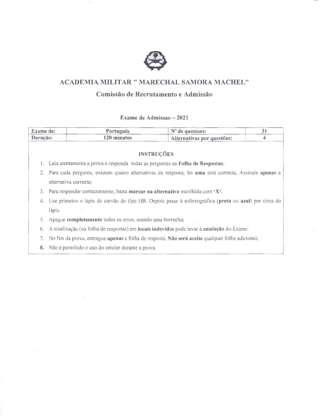 Português – 2021 da Academia Militar (Enunciado e Resolução do Exame de Admissão em PDF)