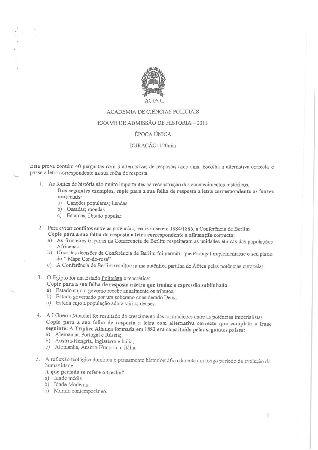 História – 2011 da ACIPOL (Enunciado e Resolução do Exame de Admissão em PDF)