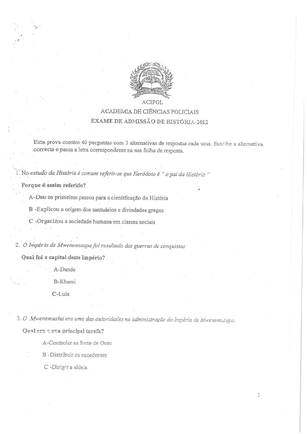 História – 2012 da ACIPOL (Enunciado e Resolução do Exame de Admissão em PDF)