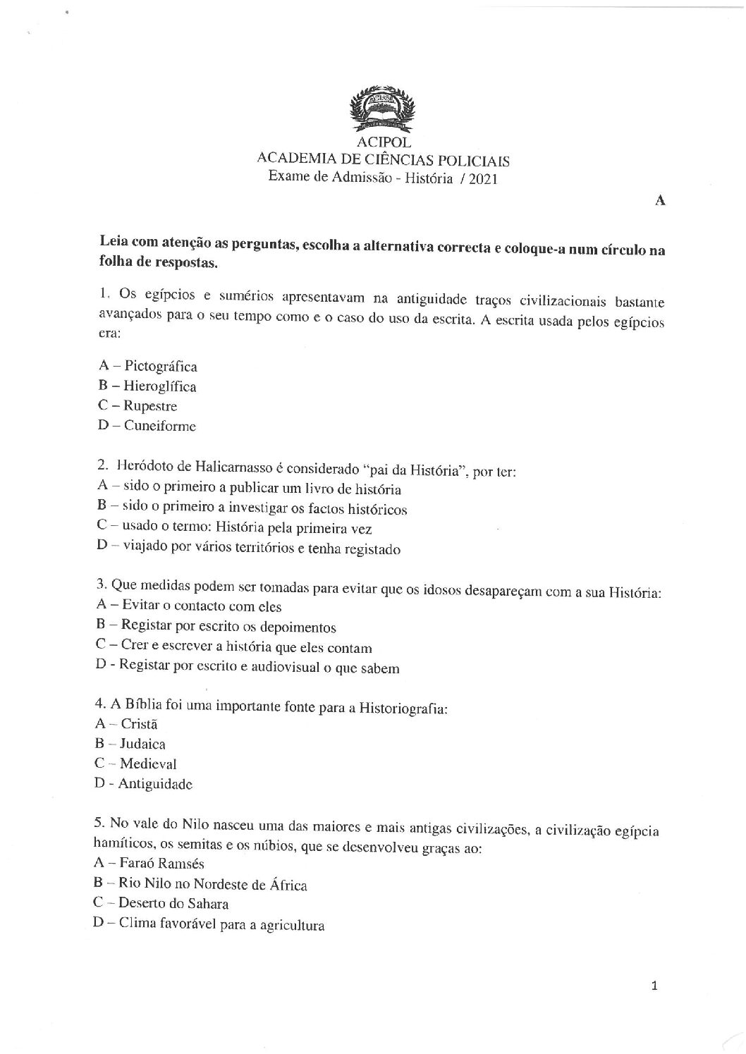 História – 2021 da ACIPOL (Enunciado e Resolução do Exame de Admissão em PDF)