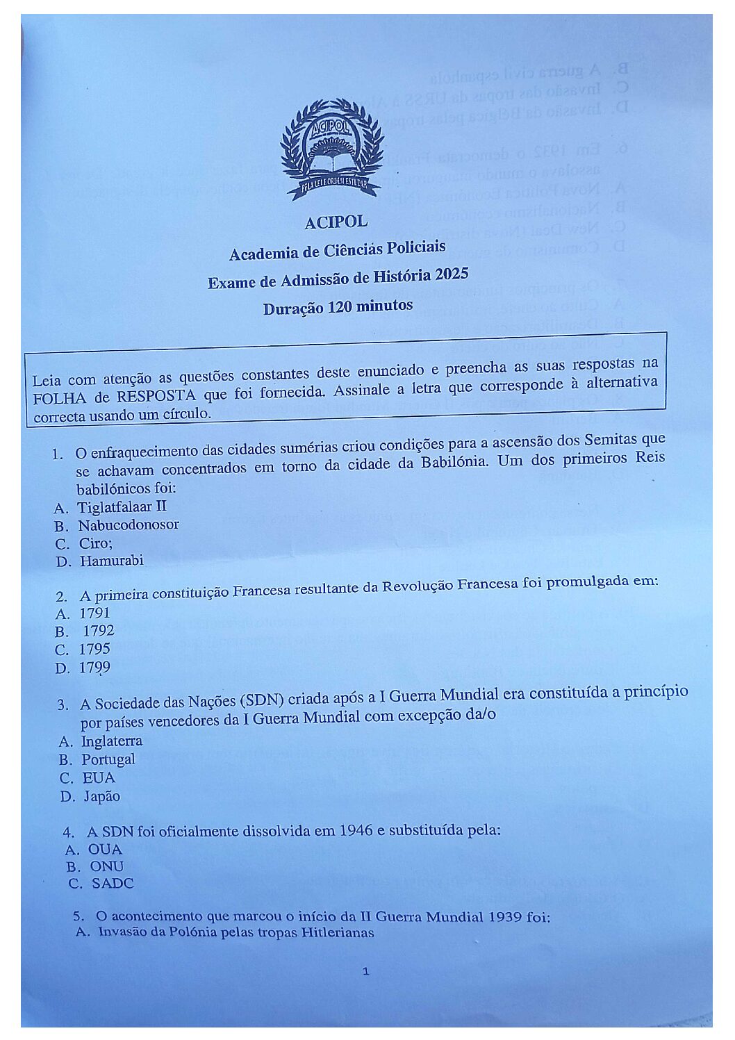 História – 2025 da ACIPOL (Enunciado e Resolução do Exame de Admissão em PDF)