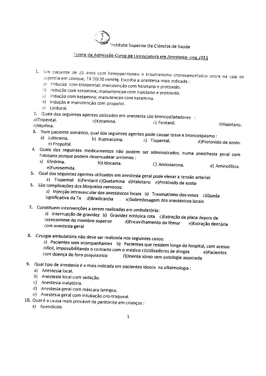 Anestesia – 2019 do ISCISA (Enunciado e Resolução do Exame de Admissão em PDF)