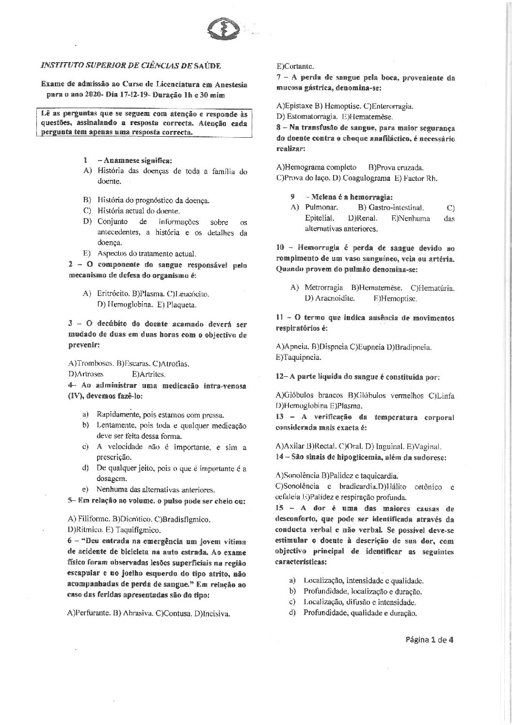 Anestesia – 2020 do ISCISA (Enunciado e Resolução do Exame de Admissão em PDF)