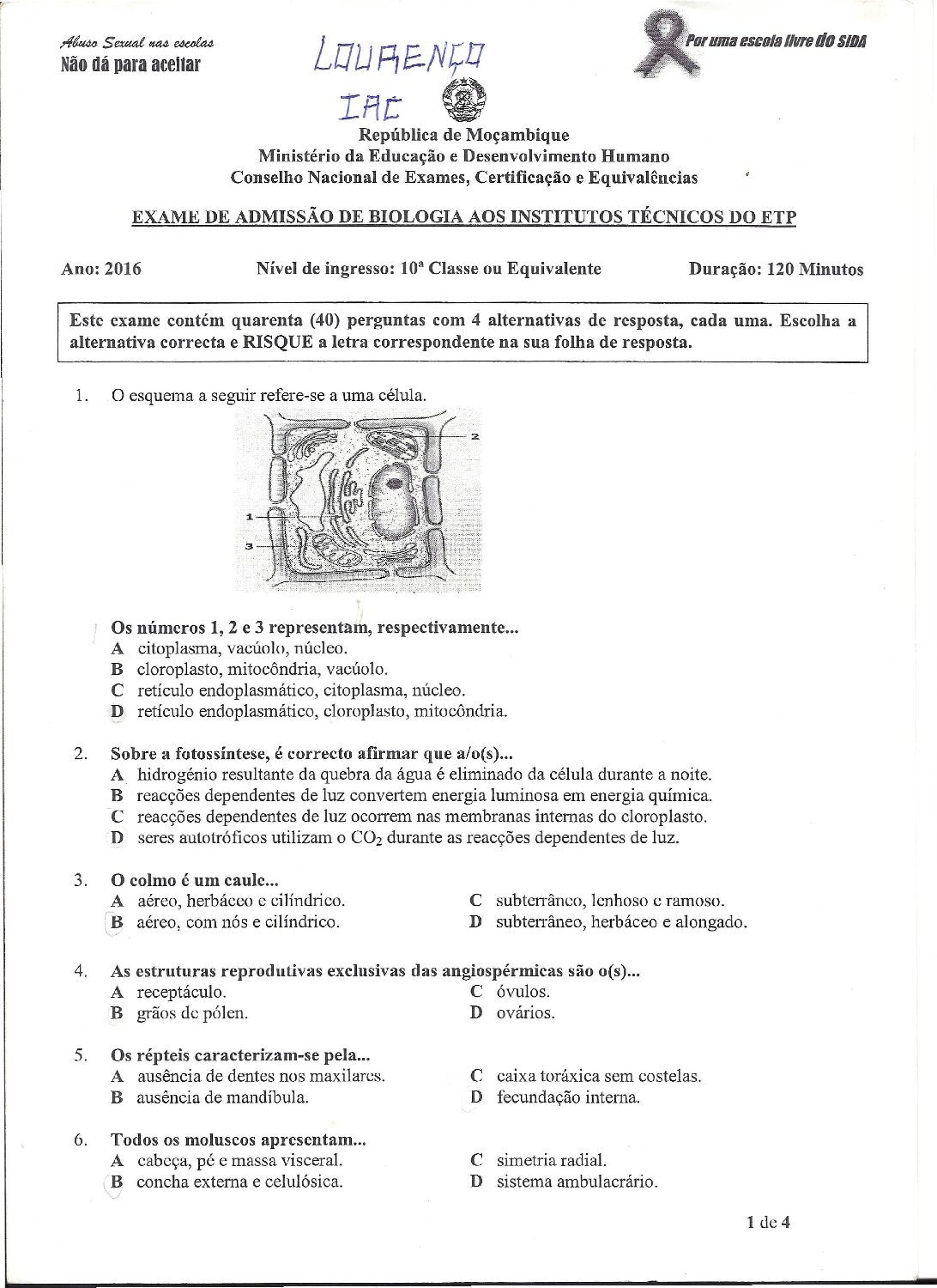 Biologia – 2016 do ETP (Enunciado e Resolução do Exame de Admissão em PDF)