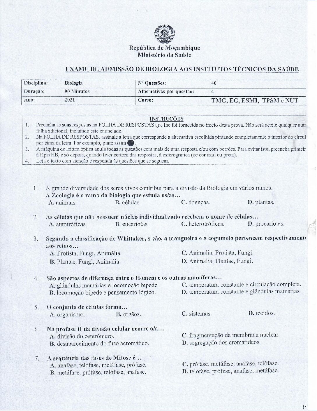 Biologia – 2021 do ICS (Enunciado e Resolução do Exame de Admissão em PDF)