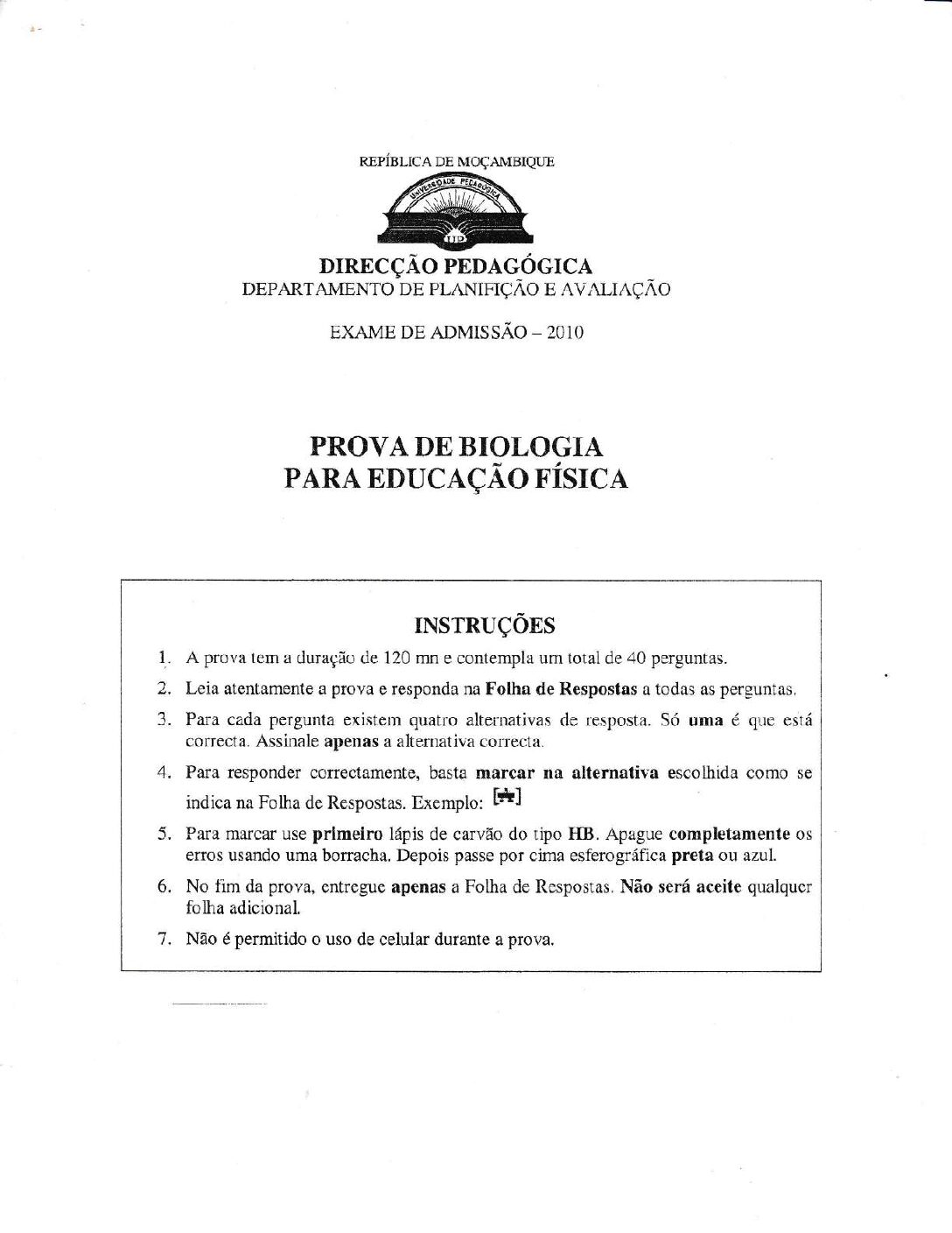 Biologia – 2010 (II) da UP (Enunciado e Resolução do Exame de Admissão em PDF)