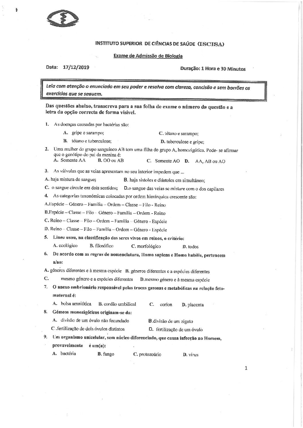 Biologia – 2020 do ISCISA (Enunciado e Resolução do Exame de Admissão em PDF)