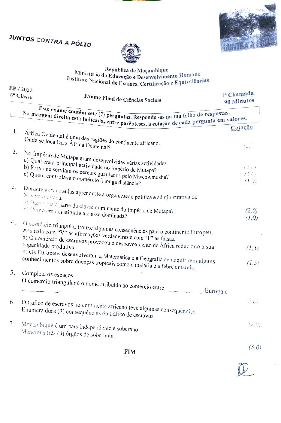 Ciências Sociais – 2023 da 6ª classe – 1ª Chamada (Enunciado e Resolução do Exame Final em PDF)