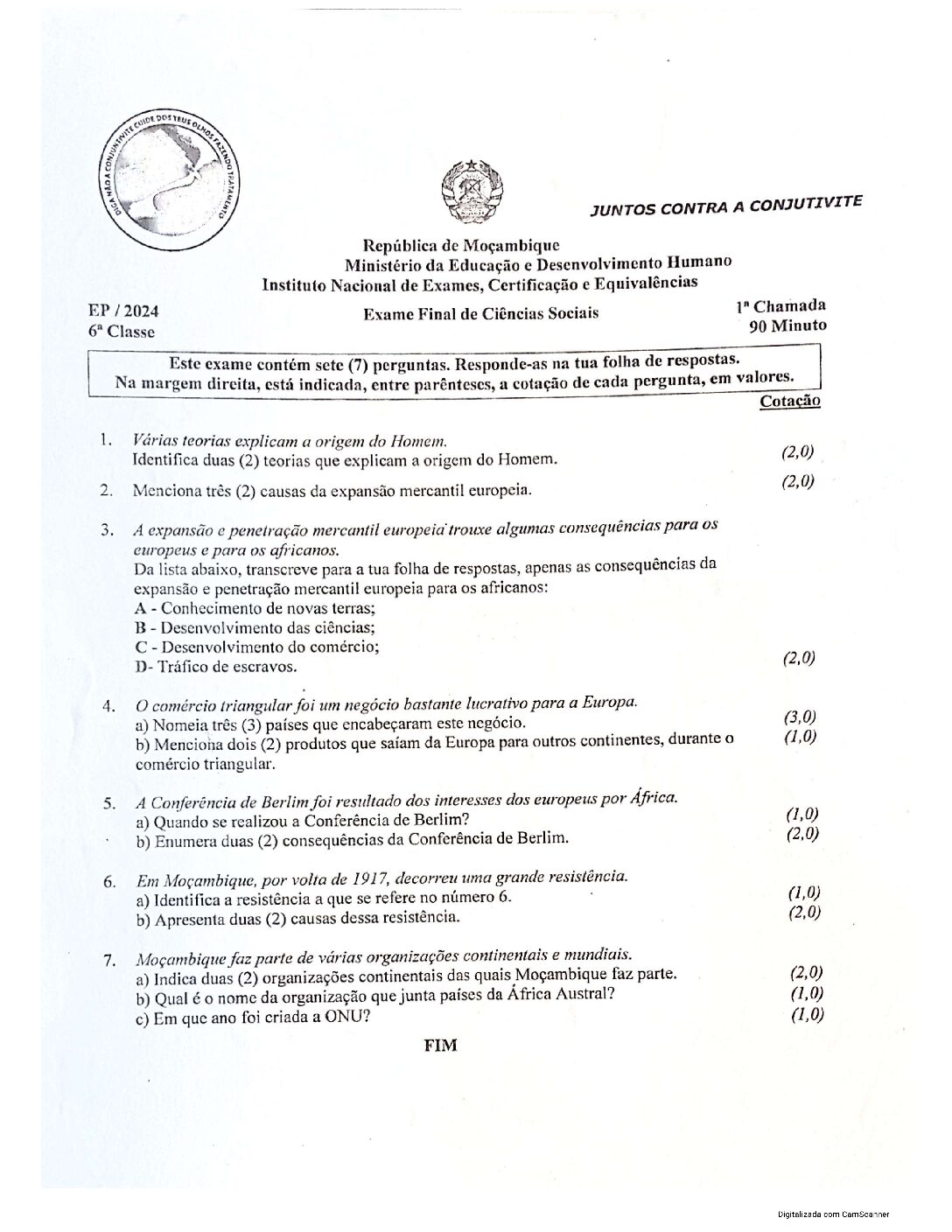 Ciências Sociais – 2024 da 6ª classe – 1ª Chamada (Enunciado e Resolução do Exame Final em PDF)
