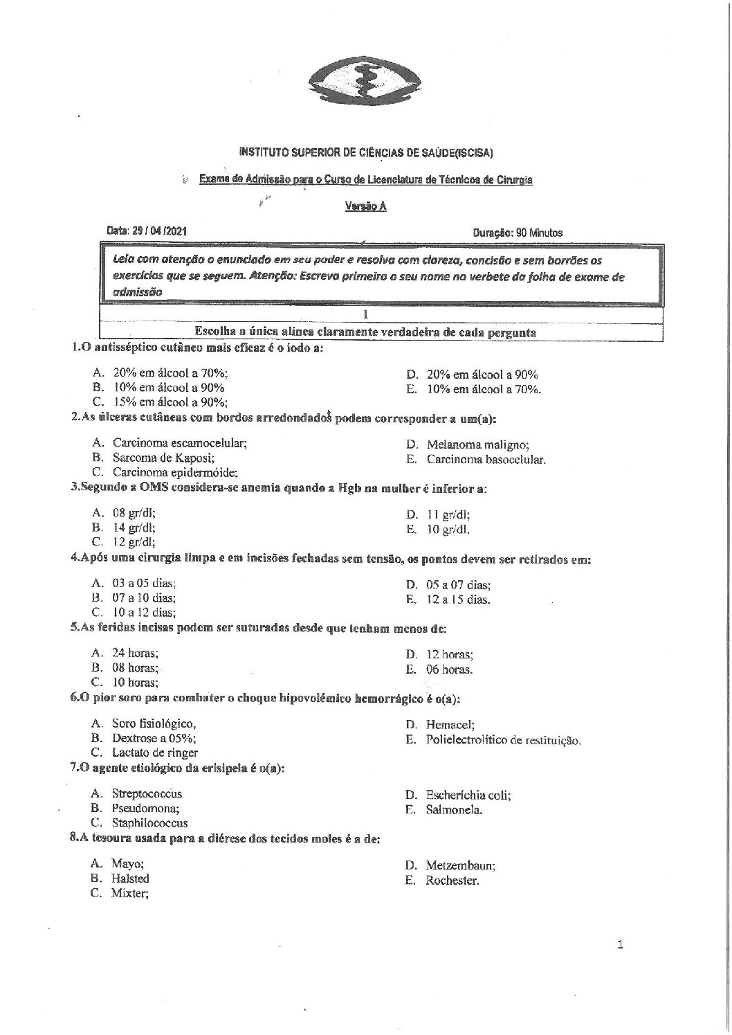 Cirurgia – 2021 do ISCISA (Enunciado e Resolução do Exame de Admissão em PDF)
