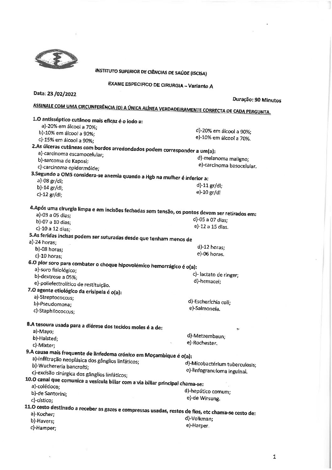 Cirurgia – 2022 do ISCISA (Enunciado e Resolução do Exame de Admissão em PDF)