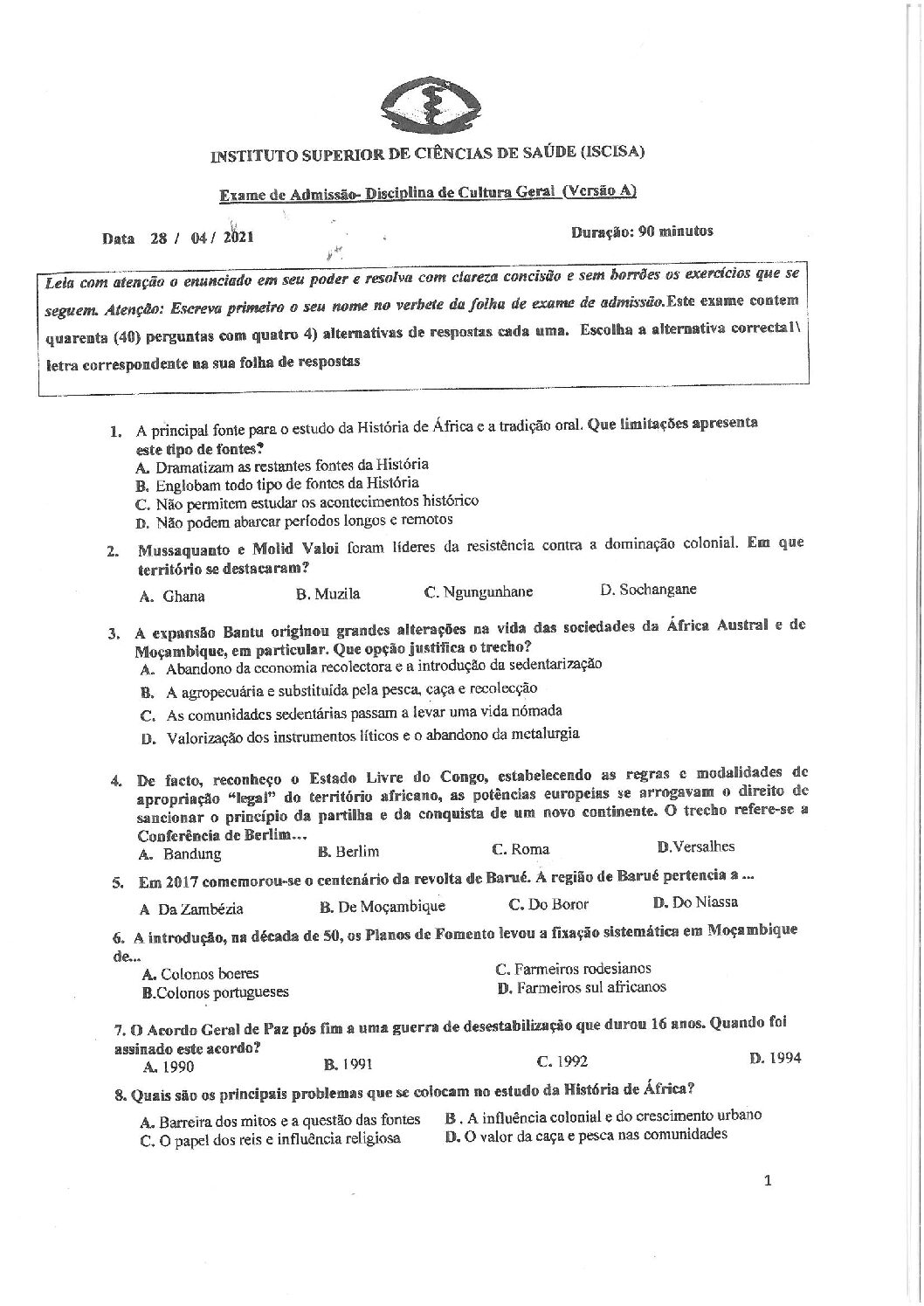 Cultura Geral – 2020 do ISCISA (Enunciado e Resolução do Exame de Admissão em PDF)