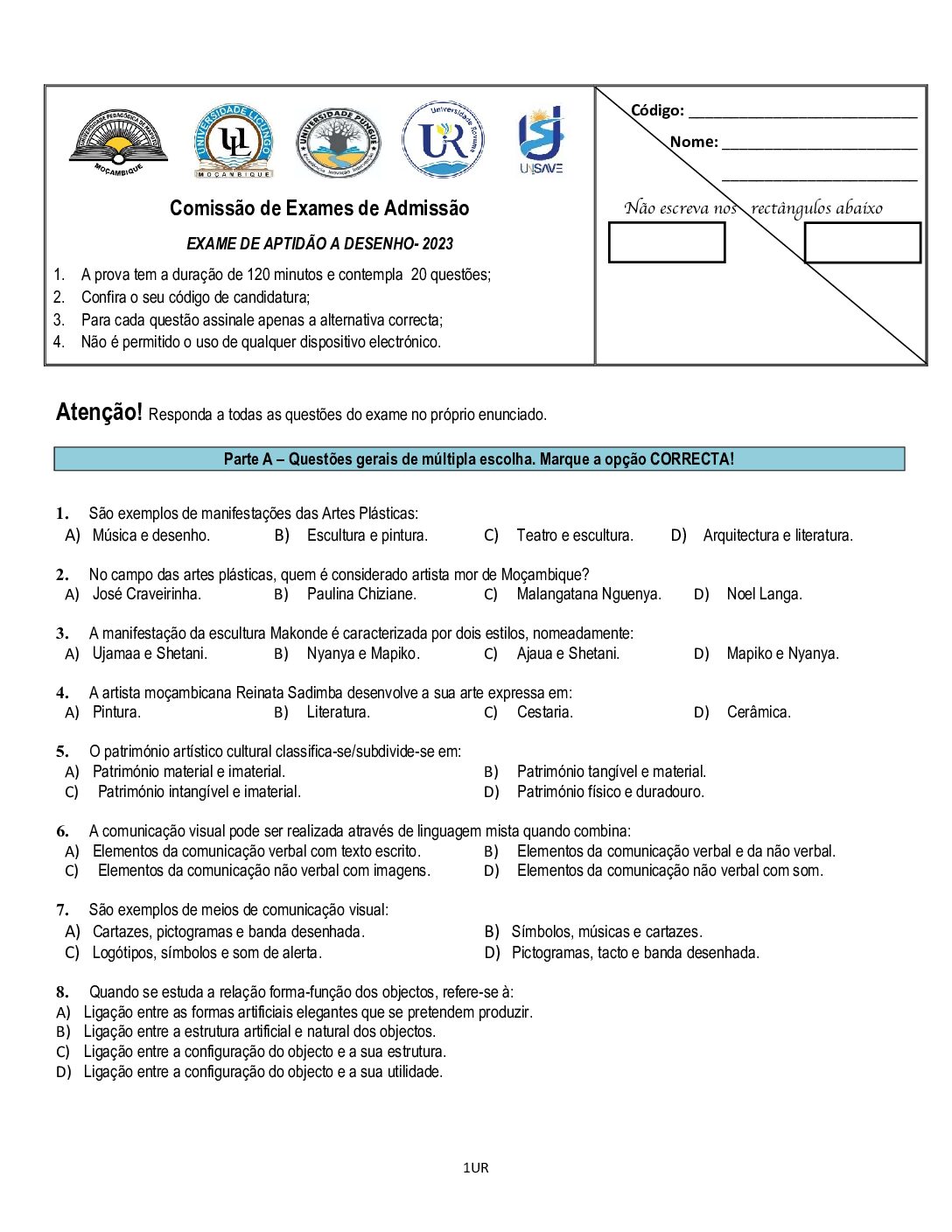 Desenho – 2023 da UP (Enunciado e Resolução do Exame de Admissão em PDF)