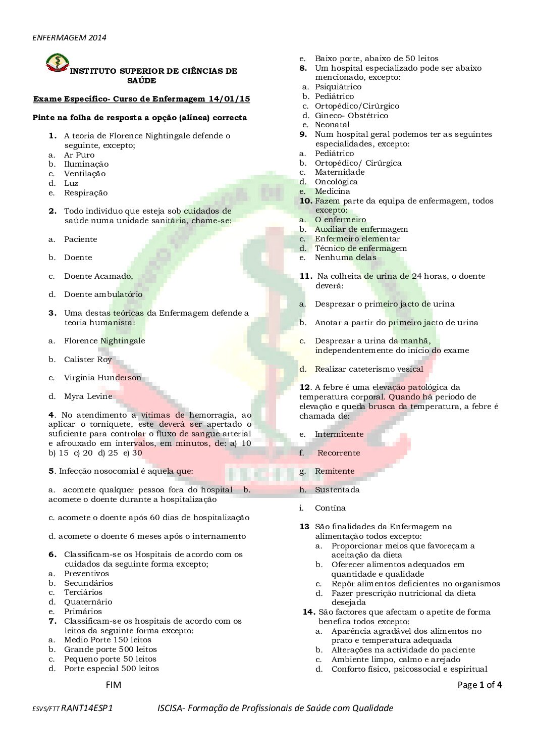 Enfermagem Geral – 2015 do ISCISA (Enunciado e Resolução do Exame de Admissão em PDF)
