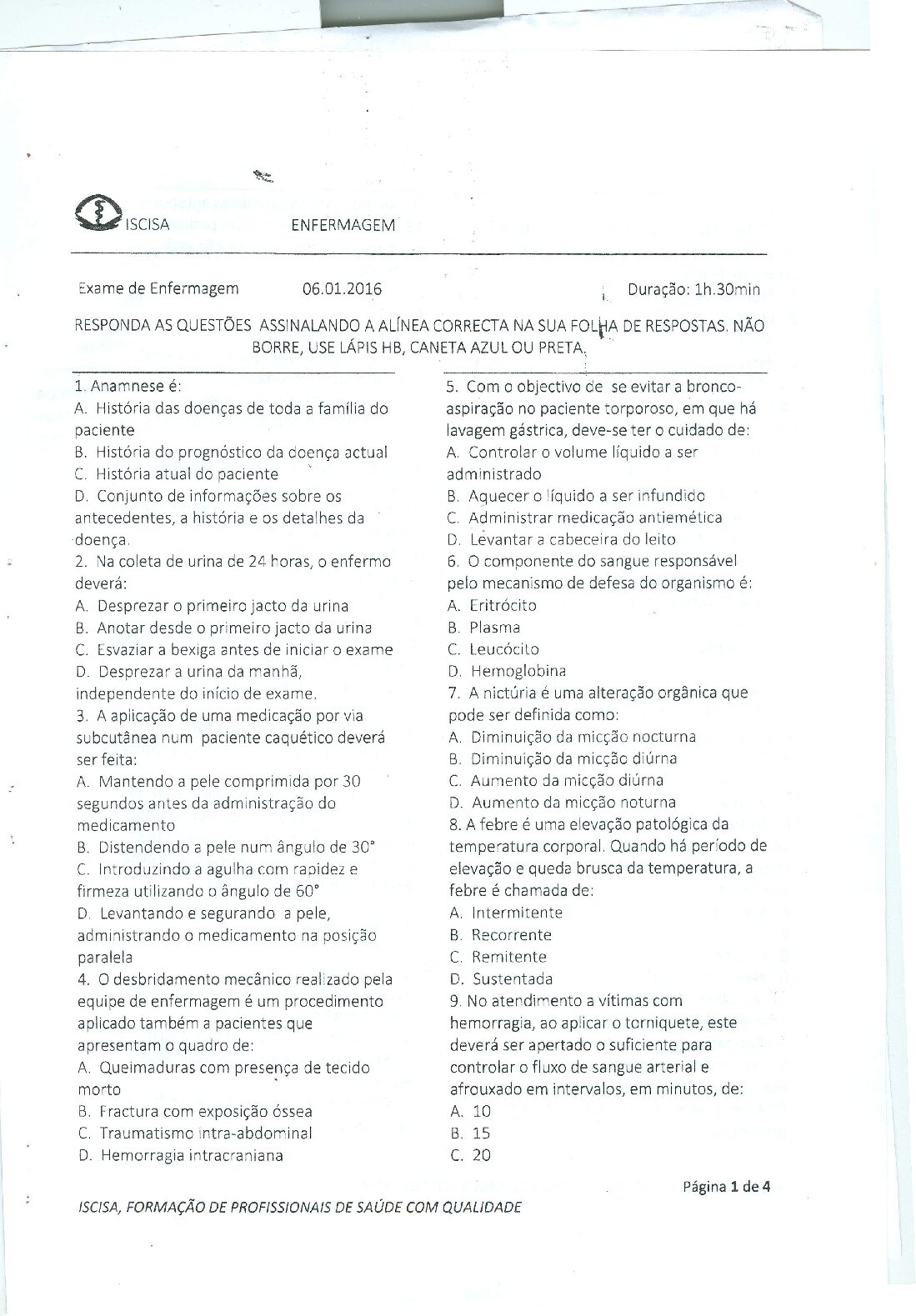 Enfermagem Geral – 2016 do ISCISA (Enunciado e Resolução do Exame de Admissão em PDF)