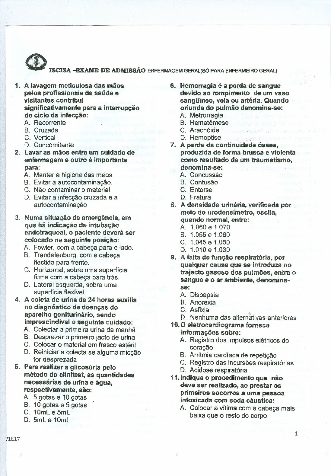 Enfermagem Geral – 2017 do ISCISA (Enunciado e Resolução do Exame de Admissão em PDF)