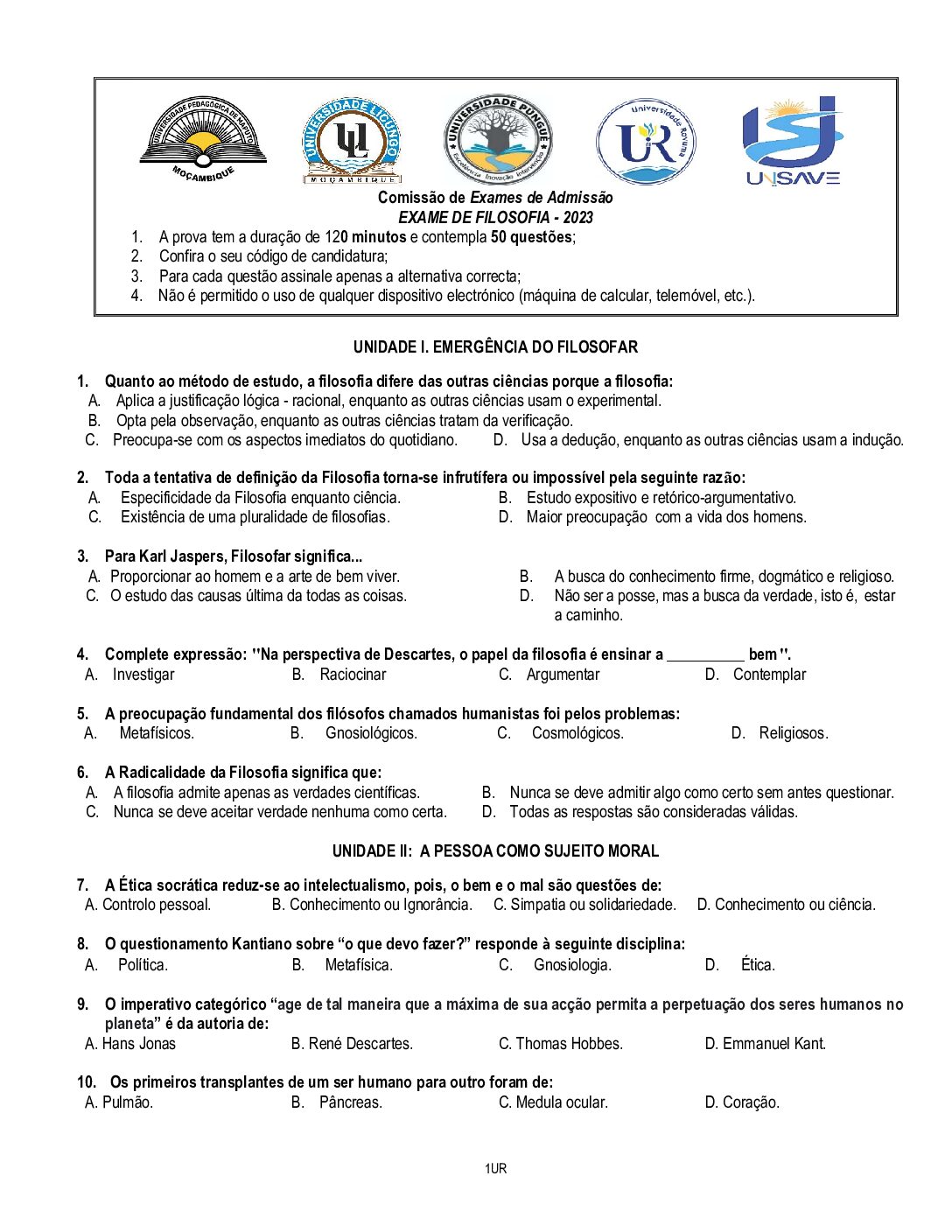 Filosofia – 2023 da UP (Enunciado e Resolução do Exame de Admissão em PDF)