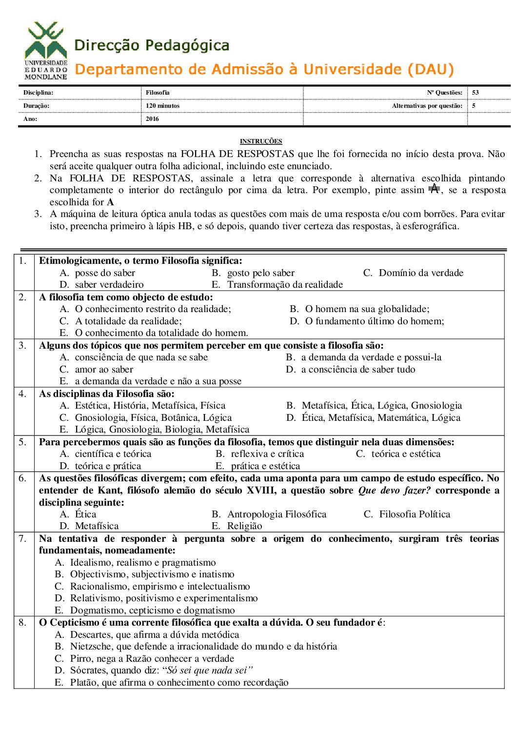 Filosofia – 2014 da UEM (Enunciado e Resolução do Exame de Admissão em PDF)