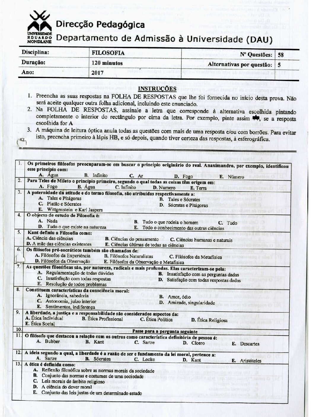 Filosofia – 2017 da UEM (Enunciado e Resolução do Exame de Admissão em PDF)