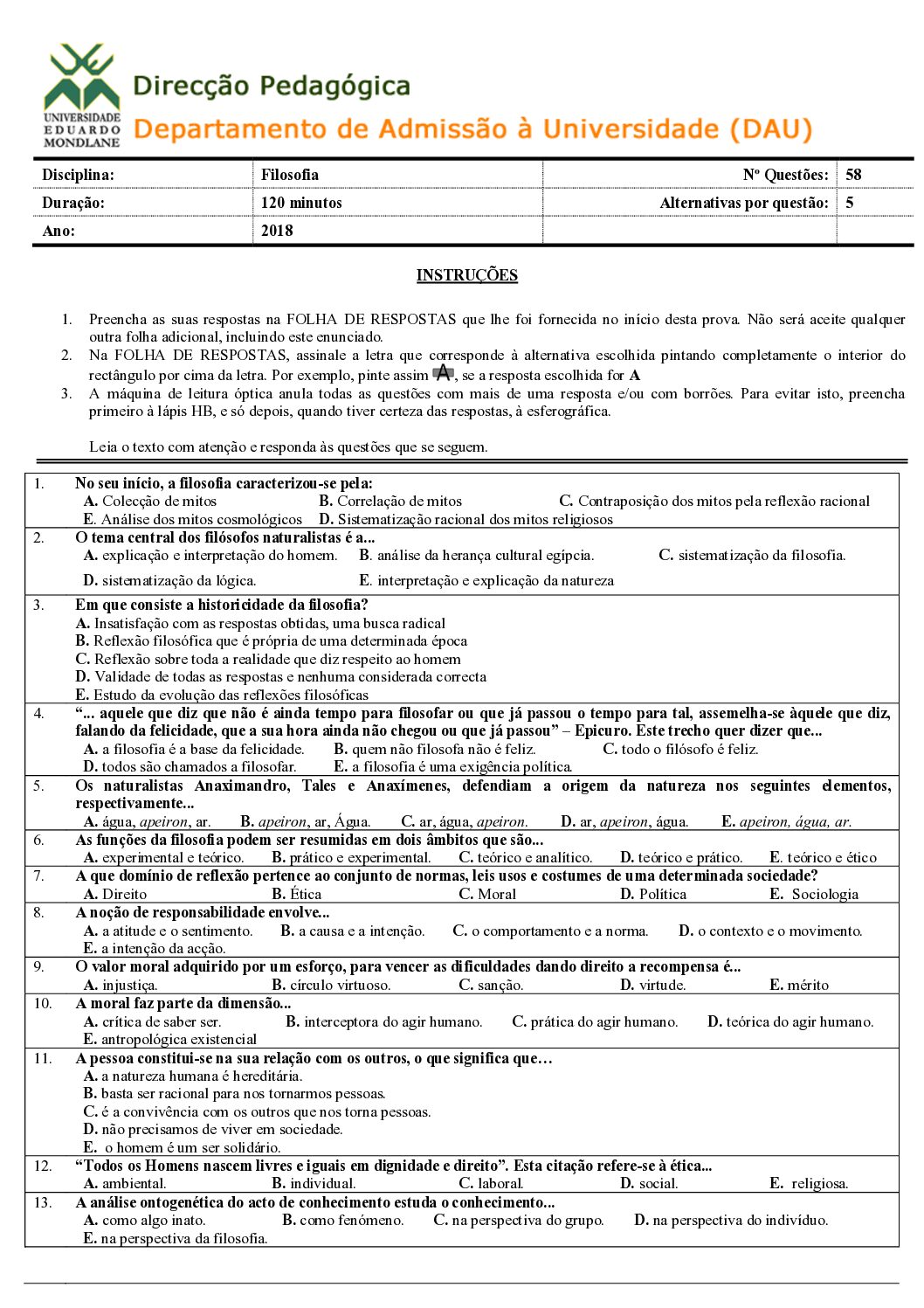 Filosofia – 2018 da UEM (Enunciado e Resolução do Exame de Admissão em PDF)