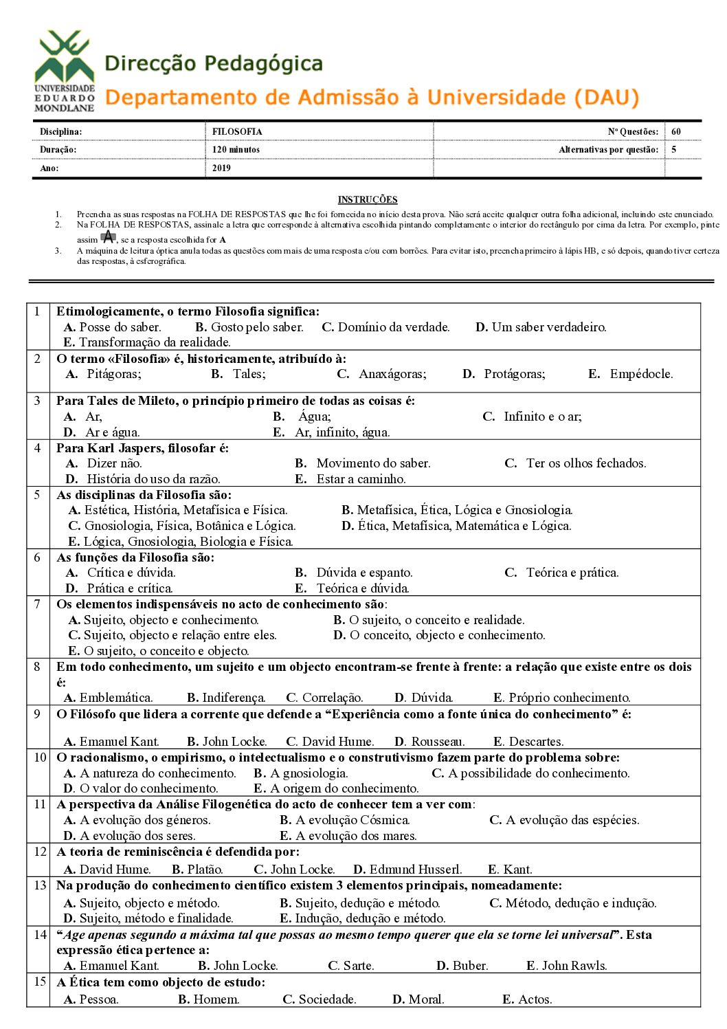 Filosofia – 2019 da UEM (Enunciado e Resolução do Exame de Admissão em PDF)