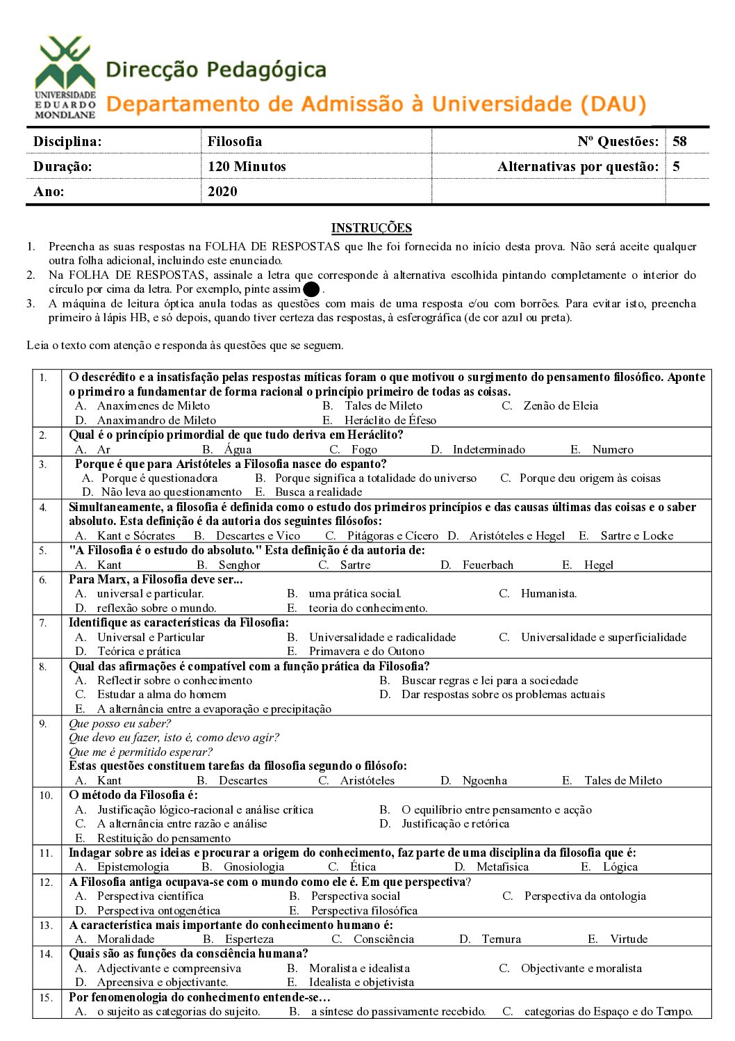 Filosofia – 2020 da UEM (Enunciado e Resolução do Exame de Admissão em PDF)